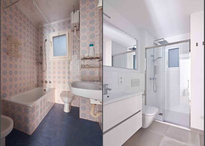 Before and after of a complete bathroom remodel in Pasadena, CA.
